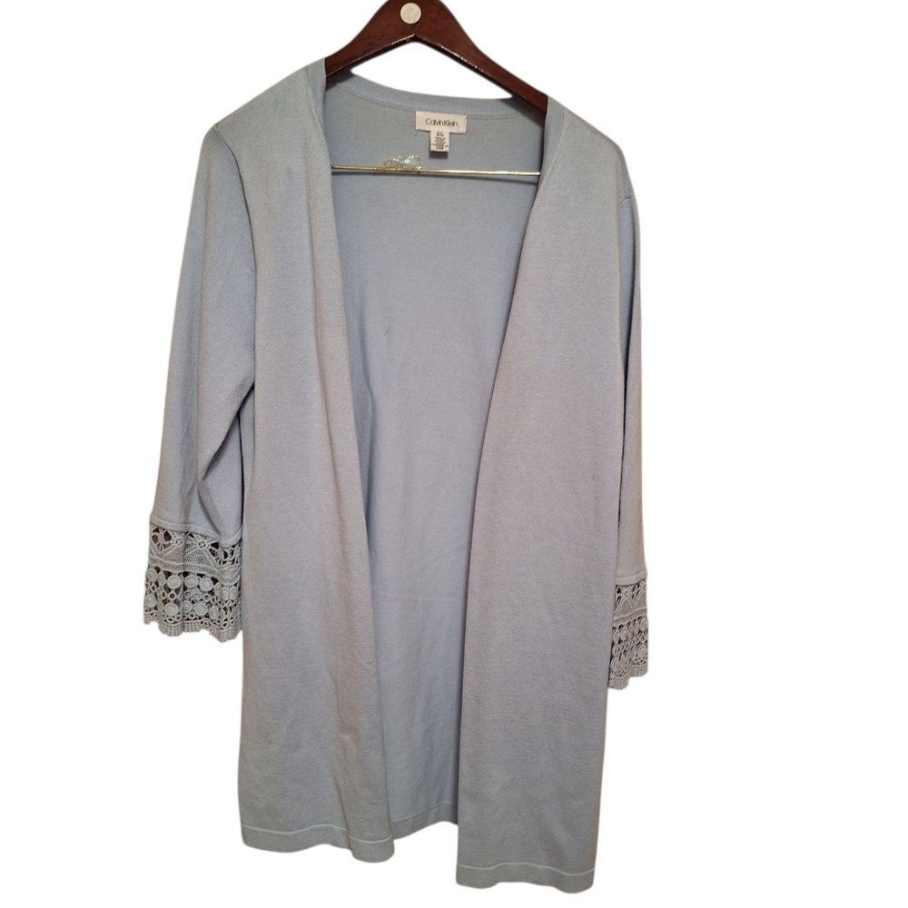 Calvin Klein Light Blue Open Cardigan Sweater Ladies Large Lace Trim Coquette